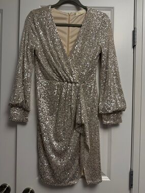 Kali Champagne Sequin Wrap-Style Long Sleeve Dress